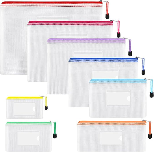 EOOUT 8pcs Mesh Zipper Pouch, Zipper Pouches for Organizing, 8 Sizes Waterproof Zipper Bags, 8 Colors Waterproof Plastic, for Travel Storage, Office Appliances