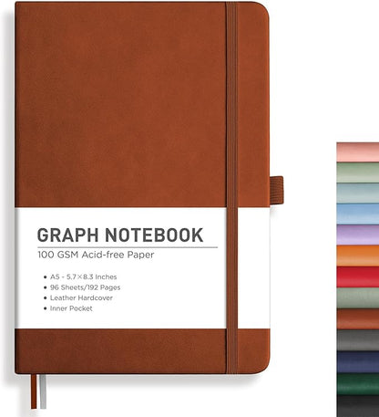 RETTACY Graph Paper Notebook, A5 Grid Notebook Journal with 192 Pages, 5.7'' × 8.3'', Medium Size, Leather Hardcover, 100 GSM Thick Paper, for Students, Homework, Math, Engineering (Brown)