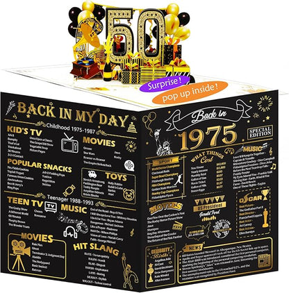 50th Birthday Card for Men Women, 3D Pop Up 50th Birthday Gifts Cards for Him Her, Back In 1975 Funny 50 Year Old Birthday Decorations