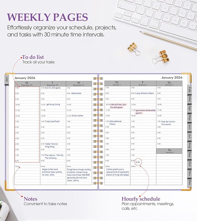 2026 Planner, Weekly and Monthly Calendar Planner from January 2026 - December 2026, 8.5" x 11" Hardcover Leather Hourly Appointment Book with Tabs, Spiral Daily Planners for College School Work Home, Purple