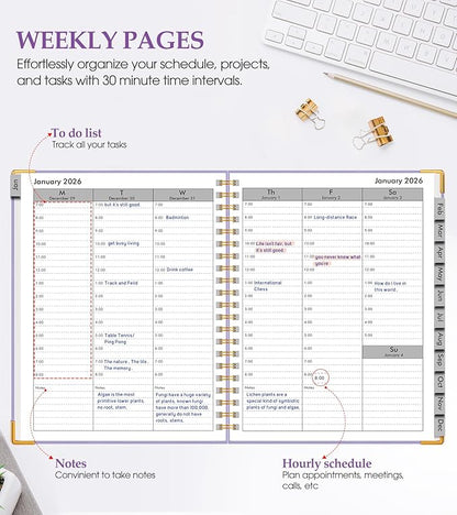 2026 Planner, Weekly and Monthly Calendar Planner from January 2026 - December 2026, 8.5" x 11" Hardcover Leather Hourly Appointment Book with Tabs, Spiral Daily Planners for College School Work Home, Purple