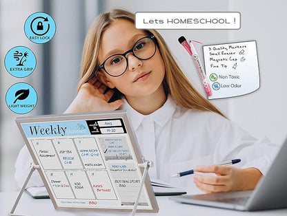 Small Desktop Weekly Planner White Board - Calendar 10"x10" Dry Erase Magnetic to Do List Board with Stand, 3 Markers, 4 Magnets, Eraser - Portable Tabletop Whiteboard for Home School & Office