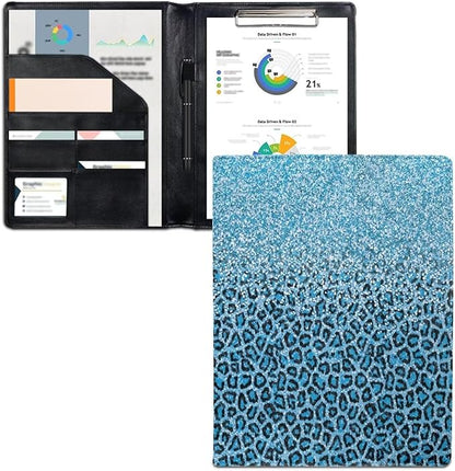 Office Folder Blue Leopard Print PU Leather Padfolio with A4 Size Clipboard Clip for Business Resume Interview Document Sleeve Binder Folder for Men/Women