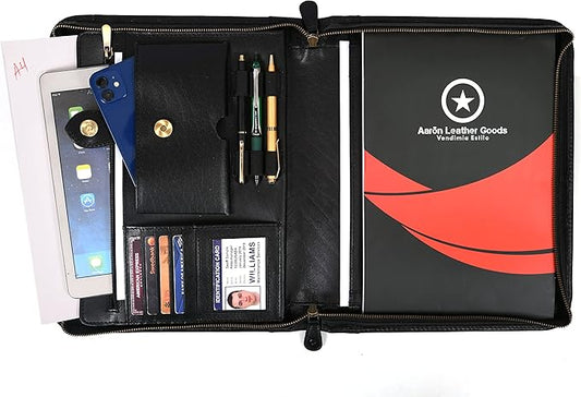 Zippered Genuine Leather Business Portfolio | Easy to Carry Organizer with Writing Pad Holder, Business Card and Pen Slots. IPAD/Tablet Holder and Flip-Closure Phone Pocket