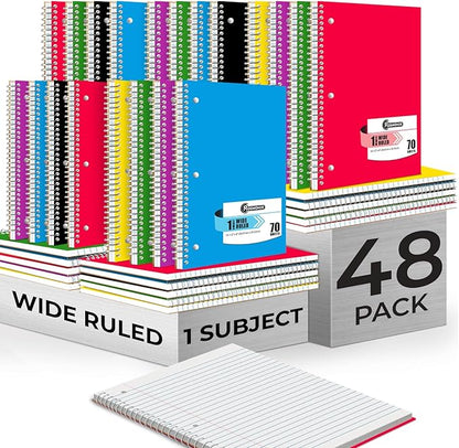 50 Pack, 1 Subject Spiral Notebook Wide Ruled Bulk, 140 Pages (70 Sheets), Thick No-Bleed Paper, 8 x 10-1/2", 3 Hole Punched, 1 Subject Spiral Notebook Bulk, Bulk Subject Notebook