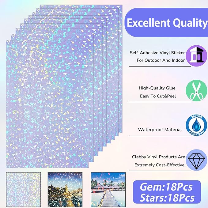 36 Sheets Holographic Sticker Paper Clear A4 Vinyl Sticker Paper Self Adhesive Waterproof Transparent Film Gem Rainbow Star Patterns, 11.7 x 8.3 Inch (Gem, Dot)