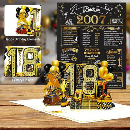 18th Birthday Card for Men Women, 3D Pop Up 18th Birthday Gifts Cards for Him Her, Back In 2007 Funny 18 Year Old Birthday Decorations, Black Gold