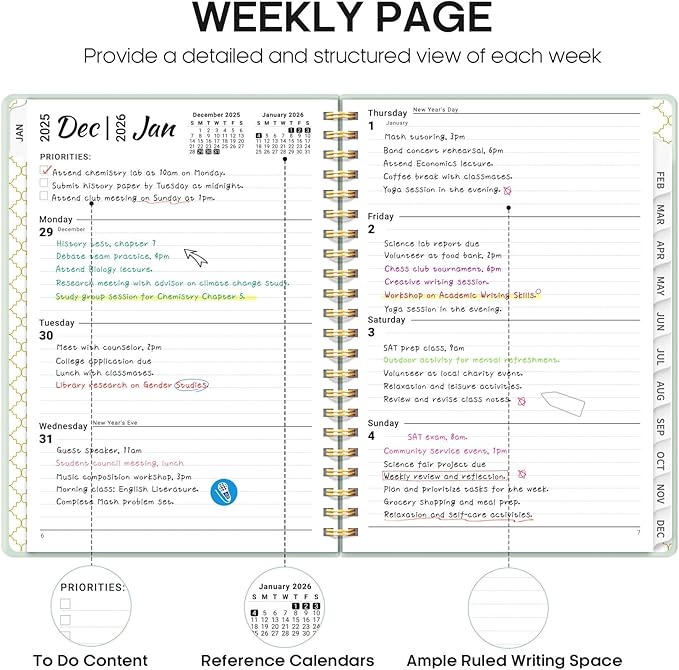 2026 Planner, Weekly and Monthly Calendar Planner, January 2026 - December 2026, Hardcover 2026 Calendar Planner Book with Tabs For Women & Men, Inner Pocket, Spiral Bound, Perfect for Office Home School Supplies - A4 (8.5" x 11"), Mint