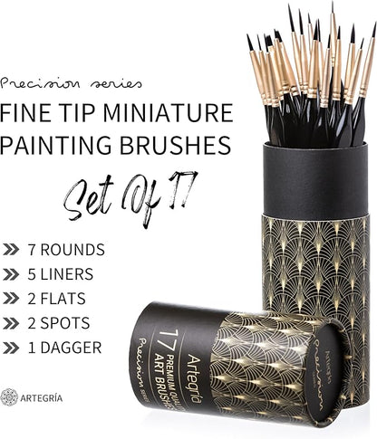 ARTEGRIA Detail Paint Brush Set, 17 Miniature Brushes with Fine Tips and Ergonomic Handles, for Small Scale Models, Figurines, Warhammer 40k, DND, Paint by Numbers for Adults