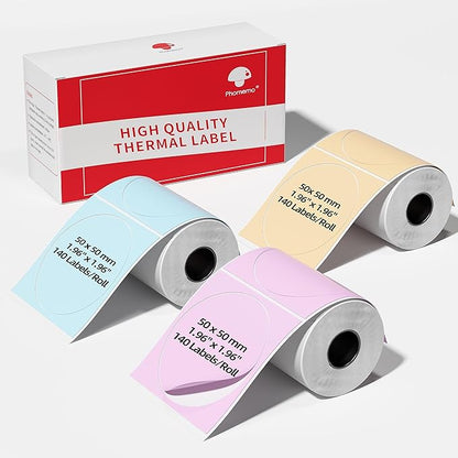 3 Roll Circle Thermal Labels Compatible with Phomemo M110/M221/M220/M120/M200/M110S Label Printers, 1.96"（50mm）,Round Thermal Paper for Design Logo/Gift/Business,140Labels/Roll,Blue/Pink/Khaki