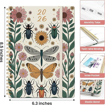 2026 Planner, Aesthetic Weekly and Monthly Planner for Women, Jan 2026 to Dec 2026, Hardcover 2026 Calendar Book with Monthly Tabs, Inner Pocket, Perfect for Office Home School - A5 (6.3" x 8.5"), Butterfly Beetles