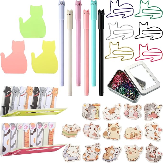 Outus Cat Office Supplies Cute Sticky Notes Paper Clips Gel Ink Pens Cartoon Stickers Party Favor for Cat Lovers Stationery School Office Supplies Desk Accessories(Vivid Style)