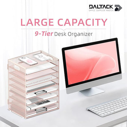 DALTACK 9-Tier Paper Letter Tray Desk Organizer with Handles, Mesh File Holder Organization, Paper Sorter Desk Organizer for Office Home School, Pink