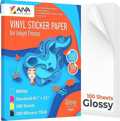 Printable Vinyl Sticker Paper - Waterproof Decal Paper for Inkjet Printer - 100 Self-Adhesive Sheets - Glossy White - Standard Letter Size 8.5"x11"