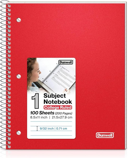 Dunwell 1 Subject Notebook College Ruled (Red), Spiral Notebook 8.5x11 for School, 100 Sheets (200 Pages), Protective Plastic Cover, 2-Pocket Divider, One Subject Note Book 8 1/2 x 11