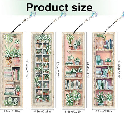 4 Pieces Diamond Painting Bookmarks for Adults Plant Bookshelf Design 5D Rhinestone Art Bookmark Kits Beautiful DIY Diamond Art Bookmarks with Tassels Crafts Gifts Supplies