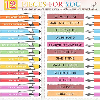 Zonon 12 Pieces Inspirational Pens Bulk Easter Basket Stuffers Motivational Quotes Ballpoint Pens with Stylus Tip Inspirational Gifts for School Office Teachers(Macaron,Boss Lady)
