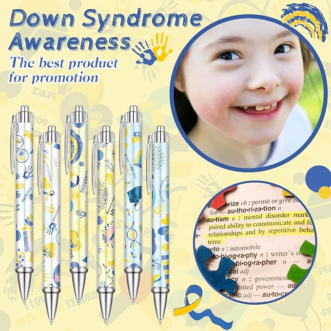 24 Pcs Down Syndrome Pens Bulk Down Syndrome Awareness Party Favors Blue and Yellow Themed Party Decorations Ballpoint Pen for Prizes Office Party Gifts