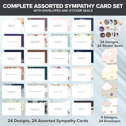 Decorably 24 Pack 6x4in Assorted Sympathy Cards with Envelopes and Stickers, 24 Unique Designs Sympathy Cards Assortment Box with Envelopes with Printed Message Inside