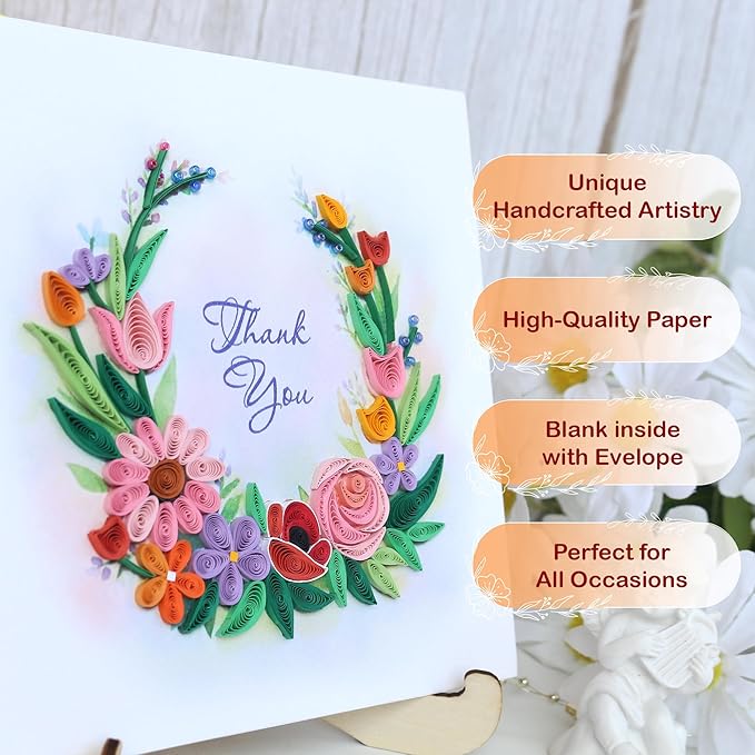 KingKraft Thank You Card, 3D Colorful Greeting Card, Gratitude Artful Floral Quilling Card for Mom, Sister, Friend, Teacher with Envelope Blank Inside