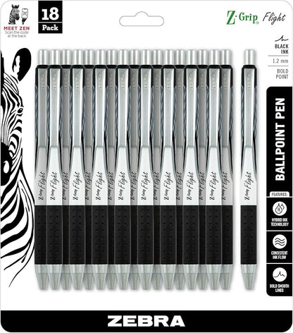Zebra Pen Z-Grip Flight Retractable Ballpoint Pen, Bold Point, 1.2mm, Black Ink, 18-Pack (21118)