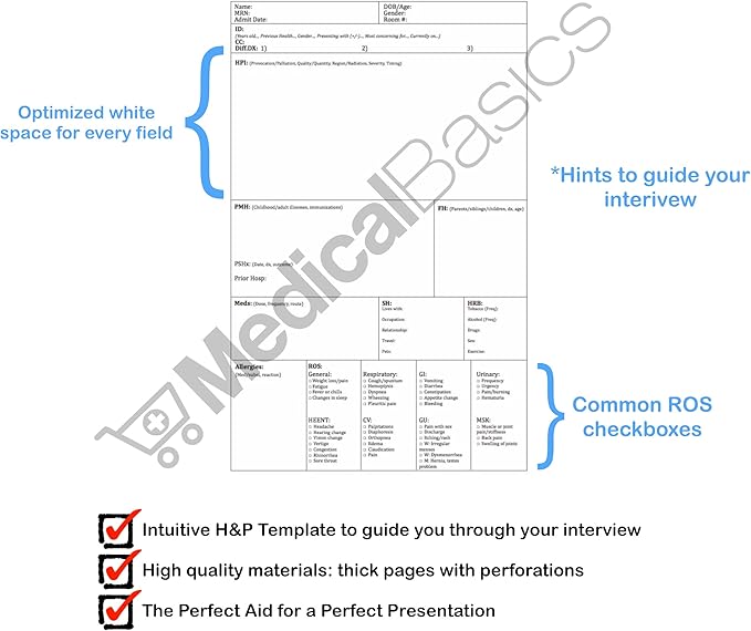 H&P notebook - Medical History and Physical notebook, 100 medical templates with perforations