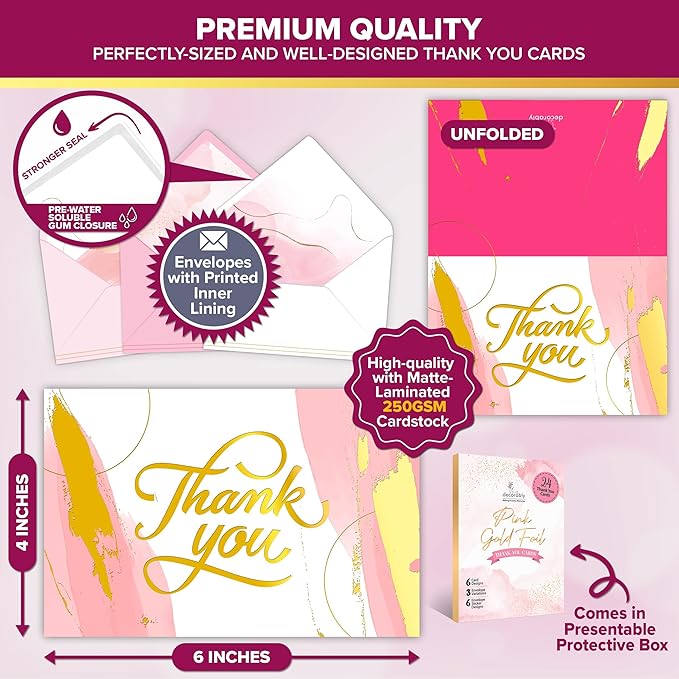 Decorably 24 Pack Gold-Foiled 6x4in Pink Thank You Cards with Envelopes and Stickers, 6 Elegant Designs Pink Blank Cards and Envelopes, Blank Inside - Wedding, Baby Shower, Birthday