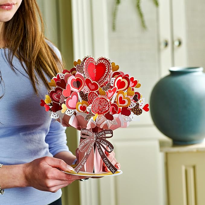Paper Love HugePop 3D Heart Bouquet Pop Up Card, with Detachable Paper Flower Bouquet, For Birthday, All Occasions - Jumbo 10" x 14" Cards - Includes Envelope and Note Tag