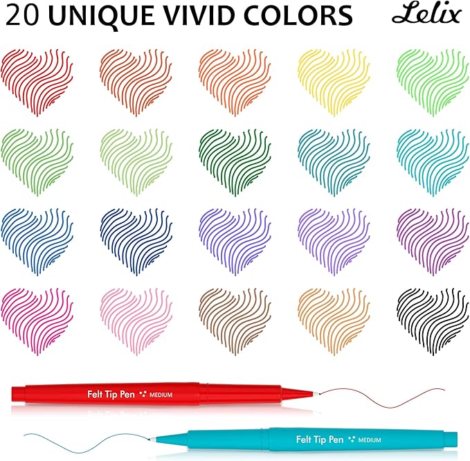 Lelix 20 Colors Felt Tip Pens, Medium Point Assorted Colors Markers Pens For Journaling, Writing, Note Taking, Planner Coloring, Perfect for Art Office and School Supplies