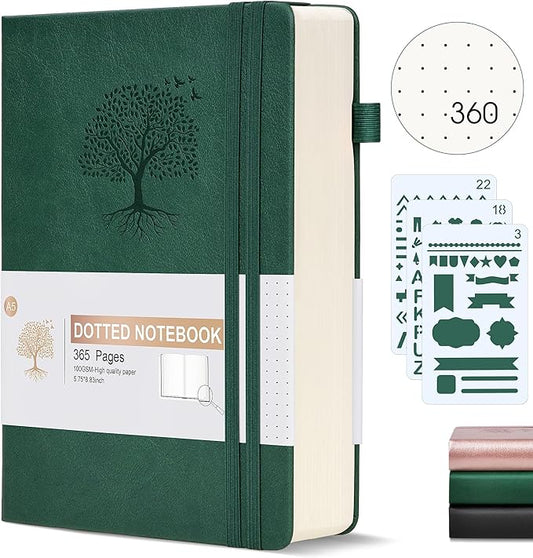 Dotted Journal Notebook, 360 Numbered Pages Bullet Dot Grid Journal,100gsm Dot Paper Thick Hardcover Leather Journal for Writing Women Men, A5 Dotted Grid Notebooks for Work 5.75" x 8.38" Green