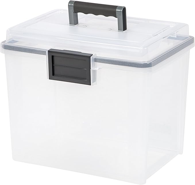 IRIS USA File Box WeatherPro Portable File Organizer Plastic File Box for Letter File w/ Organizer-Lid, Durable Lid and Gasket Seal, Secure Latching Buckles, Stackable, Lockable, Clear 19 Qt. 4 Pack