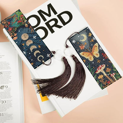 Anseal 3 Pcs 5D Diamond Bookmarks Painting for Book Lovers, Mushroom PU Leather Diamond Dotz Art Bookmark for Adults, Tassel Beaded Book Mark for Graduation Birthday Reading Present