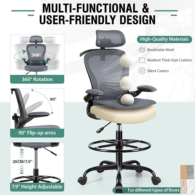 Drafting Chair, Tall Office Chair with 3D Lumbar & Head Support, Ergonomic Mesh Standing Desk Chair with Footring, Comfy Extended High Desk Chair with Flip-Up Arms & Hanger (Dark Gray)