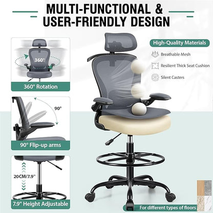 Drafting Chair, Tall Office Chair with 3D Lumbar & Head Support, Ergonomic Mesh Standing Desk Chair with Footring, Comfy Extended High Desk Chair with Flip-Up Arms & Hanger (Dark Gray)