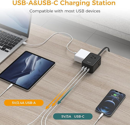 Flat Black Extension Cord, TESSAN Ultra Thin Power Strip with 3 USB Wall Charger (1 USB C), 3 Outlets Small Charging Station, 5 ft Slim Plug for Cruise Travel Office School Dorm Room Essentials