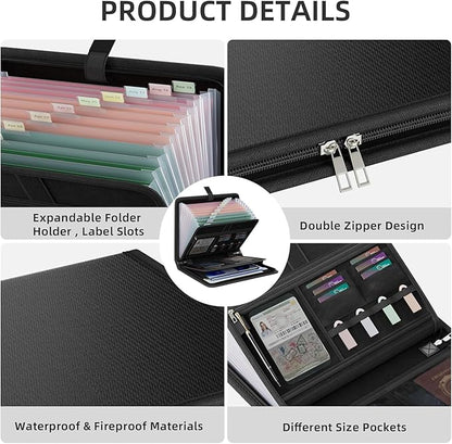 Fireproof Accordion File Organizer, Portable Expanding File Folder with Waterproof Zipper&Labels, Jet Black Document Organizer with 13 Pockets, File Organizer for Important Document/Paper Storage