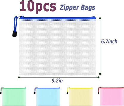 AUSTARK 10 Pcs Zipper File Bags, Waterproof Plastic Mesh Pouch for Office School, Board Game Storage Bags (A5 Size 9.2''x6.7'', Multicolored)