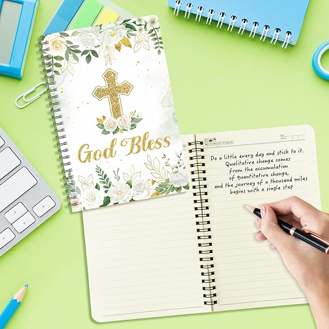 2 Pack A5 Floral Cross Religious Spiral Notebooks - God Bless Bible Verses Writing Notebooks, Ruled Hardbound Lined Journal, Christian Christmas Gift, Sunday School Supplies (Green Gold)