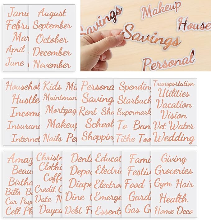 80 Cash-Envelope Budget Category Stickers - Rose Gold Vinyl Decals, Budget Binder Labels for Finance Planner & A6 Cash Binder, Budgeting Category Letter Stickers for Budget Wallet, Money Organizer