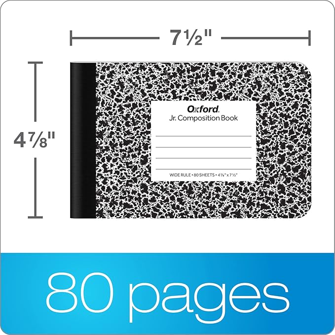 Oxford Jr. Composition Notebooks, School Supplies, Notebooks for School, Half Size, 4-7/8 x 7-1/2 Inches, Wide Ruled Paper, 80 Sheets, Kids Journal, Black Marble Covers, 6 Pack (63773)