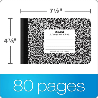 Oxford Jr. Composition Notebooks, School Supplies, Notebooks for School, Half Size, 4-7/8 x 7-1/2 Inches, Wide Ruled Paper, 80 Sheets, Kids Journal, Black Marble Covers, 6 Pack (63773)