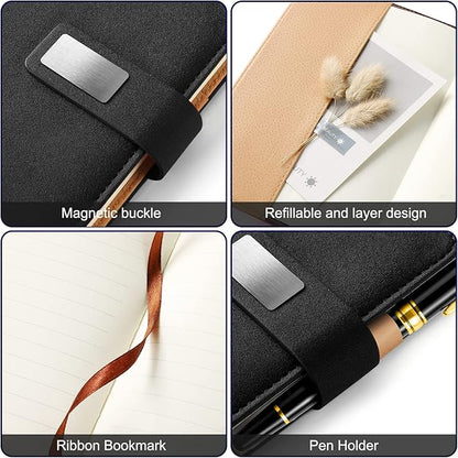 A5 Lined Leather Journal with Pen, 240 Pages Refillable Hardcover Notebook with Pocket and Magnetic Buckle, 80gsm Thick Daily Diary for Men and Women, Great Gift for Business Travel Personal - Black
