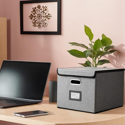 File Organizer Box with Lid, Collapsible File Folder with Plastic Slide for Office/Decor/Home, Hanging Office Document Storage, 14.96 x 12.6 x 10.83 inch，1 pack - without folders，Gray