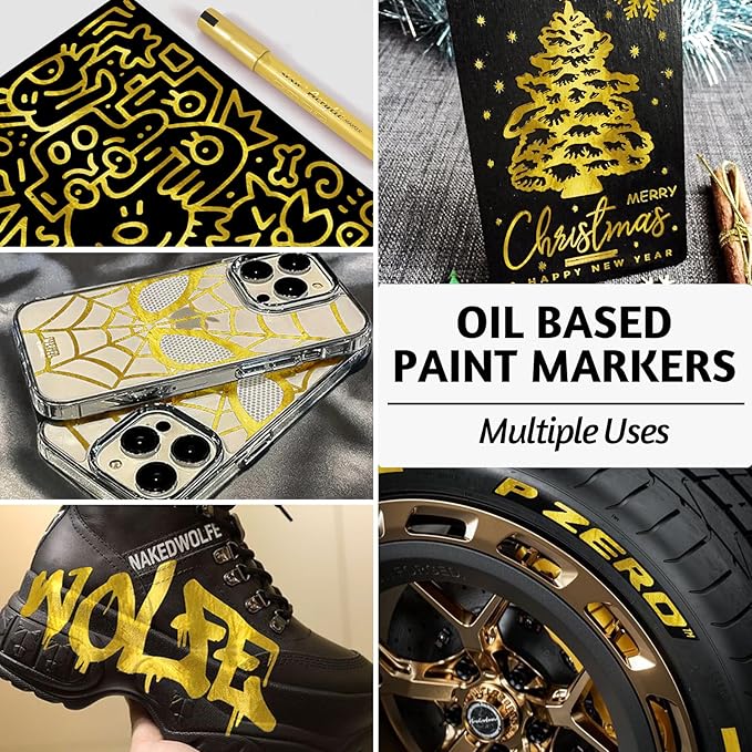 SFAIH Gold Paint Markers Paint Pens - 4 Pack 2-3MM Medium Tip Metallic Acrylic Markers for Rock Painting, Wood, Metal, Fabric, Plastic, Canvas, Glass, Ceramic, Diy Crafts, Drawing, Tire