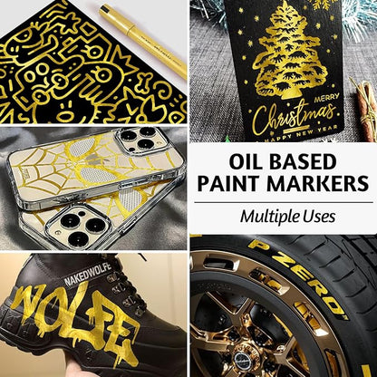 SFAIH Gold Paint Markers Paint Pens - 4 Pack 2-3MM Medium Tip Metallic Acrylic Markers for Rock Painting, Wood, Metal, Fabric, Plastic, Canvas, Glass, Ceramic, Diy Crafts, Drawing, Tire