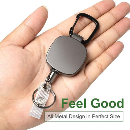 Will Well ID Badge Holder Reel with Clip and Keyring - Heavy-Duty All-Metal Casing with 27.5"UHMWPE Fiber Pull Cord for Durability and Easy Access, Holds up to 8 Keys - 2-Pack, Square, Matte Black