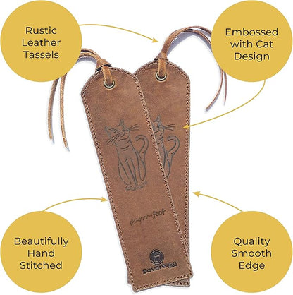 Leather Bookmarks for Men and Women | Quality Mens Bookmark with Cute Cat | 2 Smooth Handmade Leather Book Markers for Men Women Book Lovers Readers (7x2) Leather Gift | Sovereign-Gear