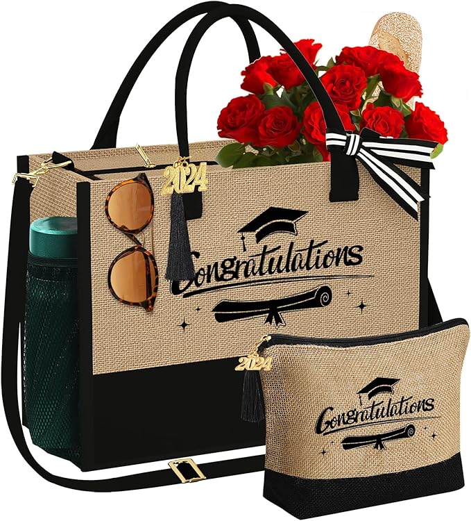 YOOLIFE Christmas Gifts for Women - Initial Jute Tote Bag & Makeup Bag, Birthday Gifts for Women Her Mom Teacher Friend