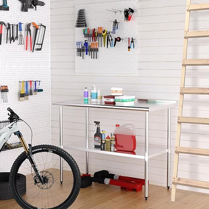 Stainless Steel Table 24 x 48 Inches Metal Prep Table with Backsplash & Adjustable Undershelf, Stainless Table for Commercial Kitchen, Outdoor, Restaurant, Hotel & Garage