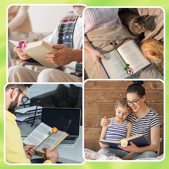 Harloon 4 Pieces Christmas Book Lover Gifts Flowers Crochet Bookmark Book Lovers Bookmarks Handmade Knitted Book Marker Curtain Tiebacks Holdbacks Car Ornaments for Readers Writers Library(Cute)